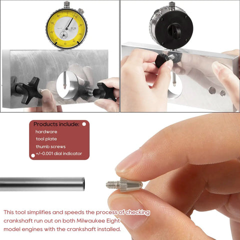Crank Shaft Runout Measuring Tool 9015 For Twin Cam And Evolution Big Twin Bikes with dial indicator and mounting plate