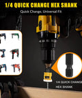 Woodworking Countersink Drill Bit Set With Low Friction Depth Stop in use, showing 1/4 in quick change hex shank