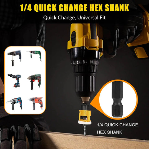 Woodworking Countersink Drill Bit Set With Low Friction Depth Stop in use, showing 1/4 in quick change hex shank