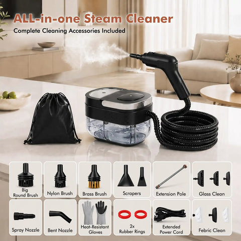 Heyvtoryin 2500W Steam Cleaner For Home With 1.6L Tank And Quick Heat Up To 3 Seconds showing tank and attachments on a table.