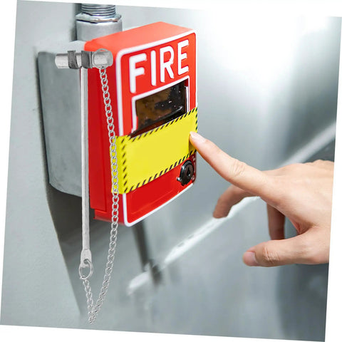 Emergency Stainless Steel Fire Alarm Button Hammer For Industrial Use beside a fire alarm, hand reaching to activate