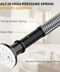 Close-up of black long shower curtain rod tension bar with strong stainless steel spring and no-slip rubber end cap.