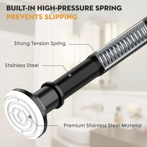 Close-up of black long shower curtain rod tension bar with strong stainless steel spring and no-slip rubber end cap.