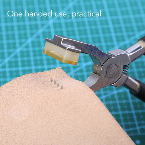Angled Leather Hole Punch Pliers With Double Lever, High Hardness Stainless Steel in use on leather for DIY crafting