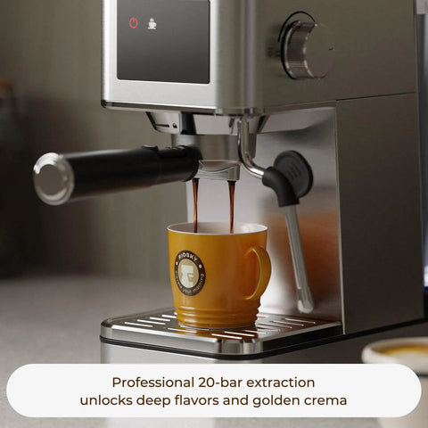 Top Shelf No Fuss 20 Bar Espresso Machine With Built In Grinder And Fast Milk Frother Stainless Steel All In One Coffee Maker Featuring Easy Lcd Display pouring coffee into an orange cup.