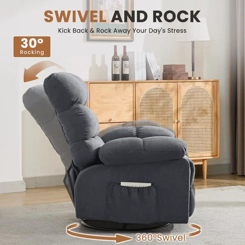 Side view of black 360 Degree Swivel Rocker Recliner For Adults Comfy Space Saving Manual Glider Chair in living room