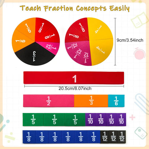 Foam fraction bars tiles and circles set for math classrooms and homeschool use; colorful foam pieces with measurements shown.