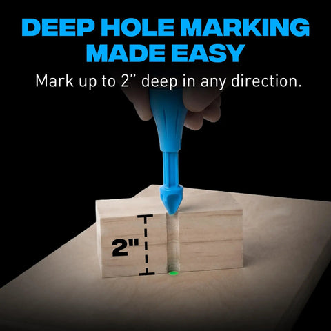 Long Reach Heavy Duty Chalk Powder Shot Marker With Vivid Green Dust marking 2 inches deep on wood using precise chalk application.