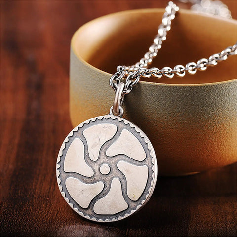 Vintage Style Compass Gear Pendant For Men Made From Real 925 Sterling Silver With Rustic Finish Unique Birthday Gift Piece That Looks Totally Awesome On Any Chain, 43mm high, hanging on chain.
