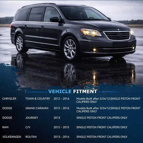 Minivan compatible with Rear Brake Kit For Dodge Grand Caravan Journey Town And Country VW Routan Ram CV with fitment details.