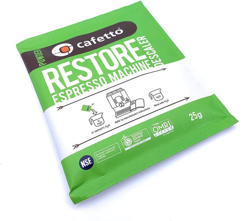 Restore Espresso Machine Descaler Organic Cleaning Powder packet with NSF certification label