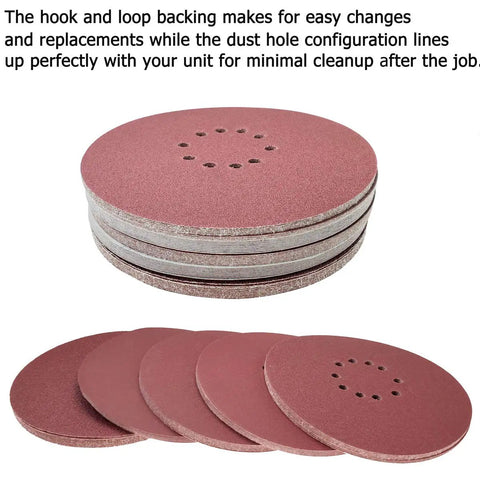 Stack of sanding discs and separated discs, 50 Piece 9 Inch Hook And Loop Sanding Discs Set For Drywall Sander 10 Hole Includes 60 80 120 150 240 Grits Aluminum Oxide Blend For Pro Grade Finishes And Quick Grit Change Durable Paper