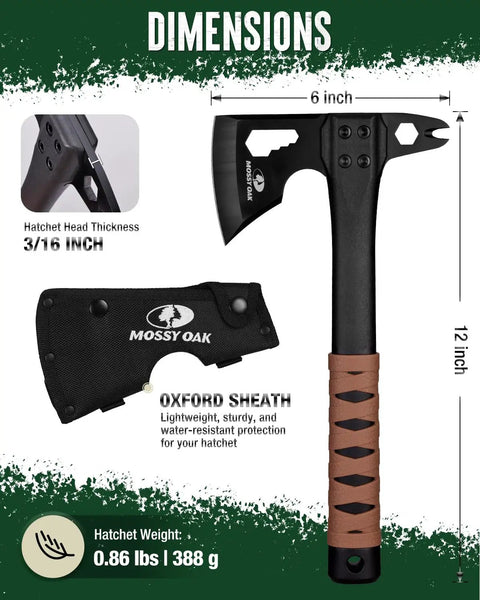 12 Inch Camping Axe And Survival Hatchet With Sheath For Rugged Outdoor Tasks Black coated blade, handle and sheath visible