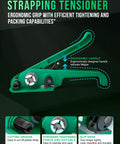 Heavy Duty Pet Strapping Bundle With Rock Solid 1500 Lb Break Strength, Pro Crew Tensioner Tool, ergonomic grip and cutting groove.