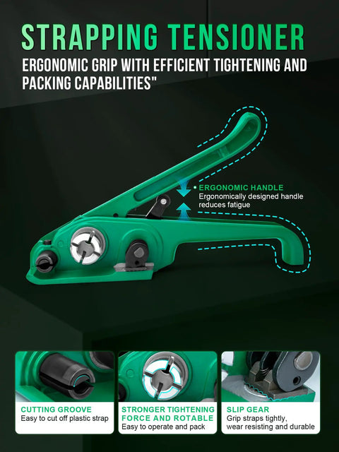 Heavy Duty Pet Strapping Bundle With Rock Solid 1500 Lb Break Strength, Pro Crew Tensioner Tool, ergonomic grip and cutting groove.