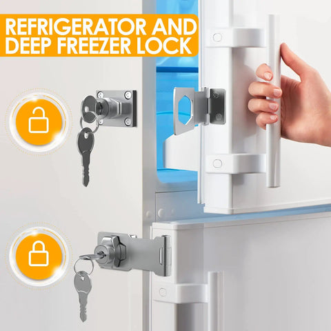 Three Inch Zinc Alloy Chrome Finish Cabinet Lock With Key on refrigerator and freezer, demonstrating security application.