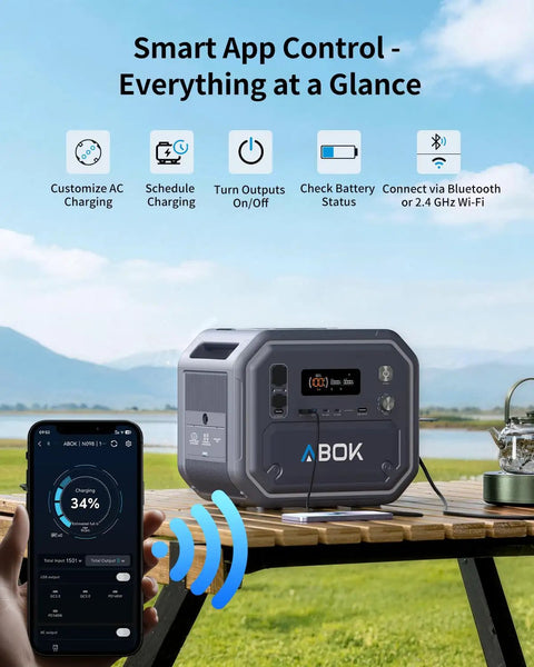 Smart app control of Rugged Portable Power Station Featuring 2160Wh Capacity And 2500W Pure Sine Wave Output on outdoor table.
