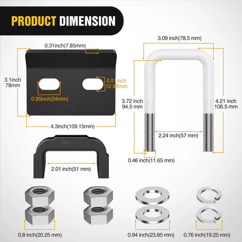 Heavy Duty 2 Inch Trailer Hitch Tightener With Anti Rattle U-Bolt And Mount Plate, Steel Construction dimensions diagram