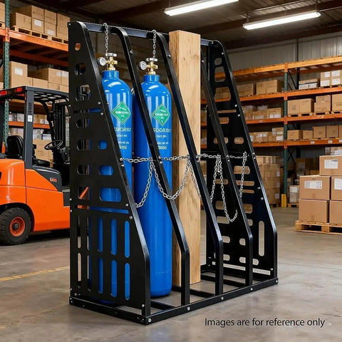 Heavy Duty Vertical Parts Storage Rack For Pipes And Lumber Hella Sturdy Four Bay Metal Bar Rack With Safety Chain holding gas tanks in warehouse