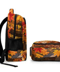 Side view of Maple Branch Autumn Cabin Printed Unisex Backpack showing durable polyester material for school travel hiking