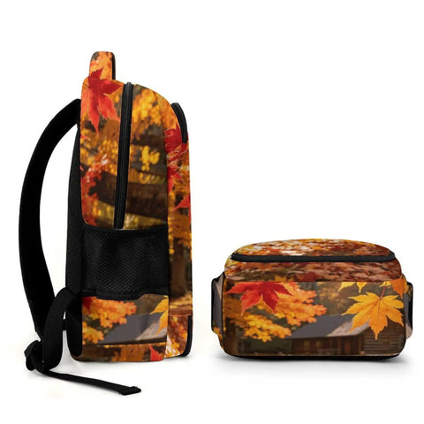 Side view of Maple Branch Autumn Cabin Printed Unisex Backpack showing durable polyester material for school travel hiking