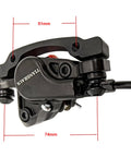 Close-up of Left Front Hydraulic Bike Brake and Lever Kit with 850mm hose, aluminum alloy caliper, resin pads, black