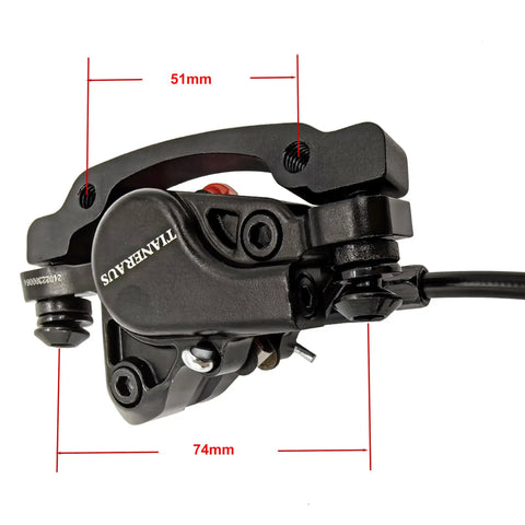 Close-up of Left Front Hydraulic Bike Brake and Lever Kit with 850mm hose, aluminum alloy caliper, resin pads, black