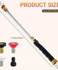 3 In 1 Power Washer Wand With Jet Nozzle For Garden Hose High Pressure Spray For Car Washing Patio And Outdoor Cleaning Quick Connect With Three Nozzle Tips, showing wand size and nozzle options.