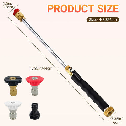 3 In 1 Power Washer Wand With Jet Nozzle For Garden Hose High Pressure Spray For Car Washing Patio And Outdoor Cleaning Quick Connect With Three Nozzle Tips, showing wand size and nozzle options.
