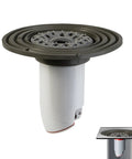 Front view of Odor-Proof Shower Drain Plug That Keeps Stink Out With Magnetic Closure Valve Backflow Preventer Hair Catcher and Silicone Reducer Ring