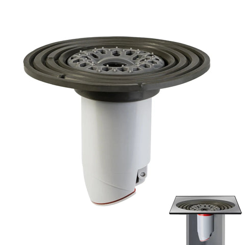 Front view of Odor-Proof Shower Drain Plug That Keeps Stink Out With Magnetic Closure Valve Backflow Preventer Hair Catcher and Silicone Reducer Ring