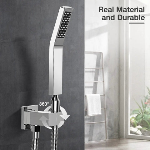 High Pressure 10 Inch Square Rain Shower System With Wall Mount Rain Head Hand Sprayer Rough In Valve Trim Kit Bathroom Mixer Shower Combo Durable Lead Free Construction And Corrosion Resistant Finish showing handheld sprayer 360° rotation with wall mount in bathroom setting