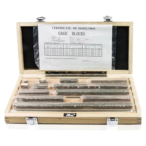 High Performance Metric Gage Blocks Set Crafted From Heavy Duty Stainless Steel Delivering Dead Accurate Calibration For Router Work And Table Saw Setup Features Eight Precision Pieces Spanning 125 MM To 500 MM in a wooden case with inspection certificate.