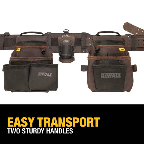 Leather Tool Belt Organizer With 18 Pockets For Pros, heavy duty construction, durable pouch system, two handles, metal D rings