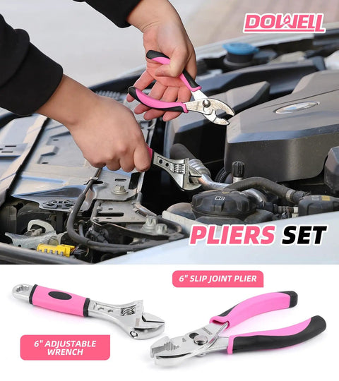 Pink Tool Kit 140 Piece Set For Women And Girls With 14 Inch Tool Bag DIY Home Repairs Portable Household Essentials Great For Dorms And Small Apartments featuring 6-inch slip joint plier and adjustable wrench