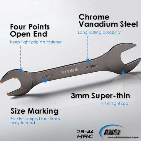 Ultra Slim Open End Wrench 21mm Nickel Coated CRV Steel with size markings, chrome vanadium material, and 3mm thin profile.