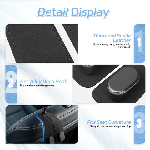 Top Shelf Universal Car Seat Headrest Hooks 2 Pack Suede Leather Bag Holders For Purses Coffee Mugs And Grocery Totes close-up of thick fabric and hooks.