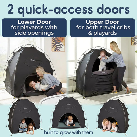Portable Blackout Tent For Pack And Play Sleep Pod That Blocks 98 Percent Of Light For Night Time Calm And Deep Sleep On The Go Two Door Privacy Travel Ready Compact And Easy To Set Up For Kids And Babies with two access doors in use