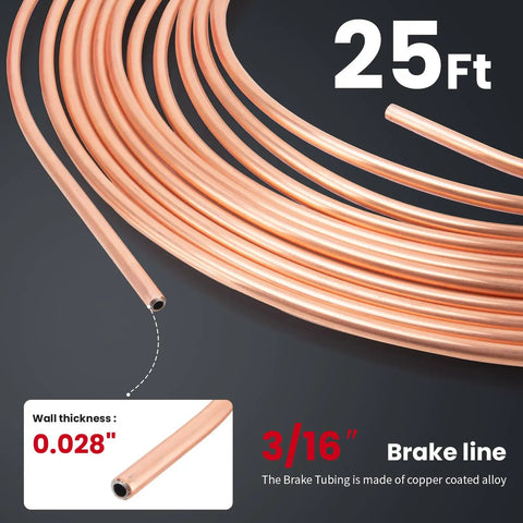 3/16 Inch Copper Coated Brake Line Kit 25 Feet with 0.028" wall thickness shown coiled for automotive systems
