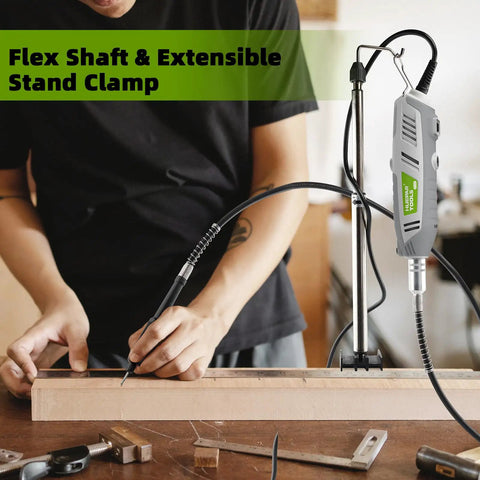 Person using Powerful Rotary Tool Kit With Flex Shaft 200W Motor 6 Speed Levels From 10000 To 40000 RPM 239 Piece Accessory Set Includes MultiPro Keyless Chuck For Crafting DIY Projects Cutting Sanding Grinding And More with flex shaft and stand