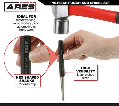 Hand holding tapered punch from Heavy Duty Built To Last Pro Grade 16 Piece Punch And Chisel Set With Roll Pouch Includes Tapered Punches Pin Punches Center Punches And Cold Chisels For Automotive Metalworking Home Garage Projects And DIY featuring laser-etched sizes and hex shanks.