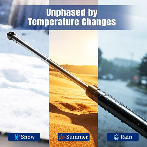 Heavy Duty 44 Inch Gas Struts With 13 Mm Ball Ends For Smooth Tonneau Cover And Heavy Lid Lift Support Built Tough, shown in snow, summer, and rain settings.
