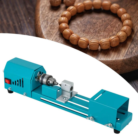 96W Portable Mini Wood Lathe Machine For Beads And Carving With Milling Accessories Wide Voltage 110V To 240V US Plug for DIY Woodworking Projects shown with wooden beads.
