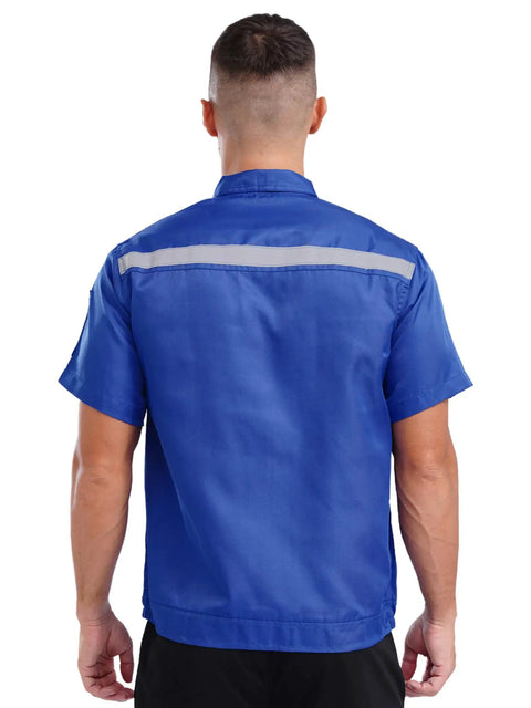 Men's Rugged As Nails Short Sleeve Work Jacket With Reflective Safety Stripes Heavy Duty Industrial Mechanic Uniform Zip Front Turn Down Collar Day Shift Shop Gear Blue 4XL shown from back with reflective stripe.