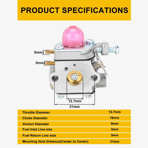 Carburetor Replacement For 25cc Weed Eater Trimmer Fits WS2200 WS210 WC2200 WC210 CMXGTAMD25CC CMXGTAMD25SC front view