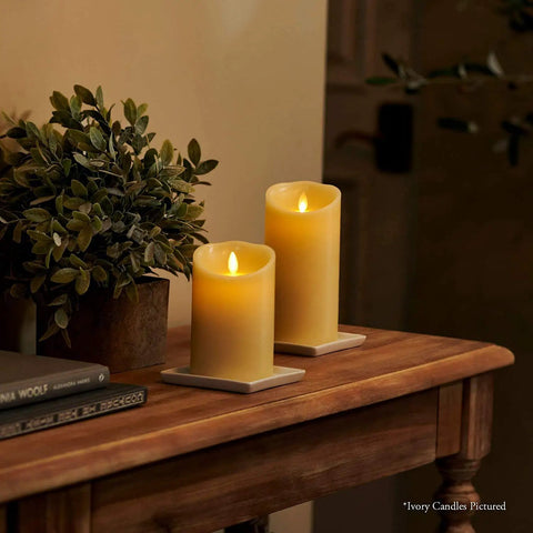 Flameless Pillar Candle Large 6.5 Inches Unscented With Real Flame Effect Flickering LED Battery Operated Candle on wooden table