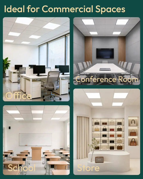 Installed 2x2 LED Flat Panel Light With 3CCT And Dimming, Choose 20W 30W Or 35W, No Fuss 0 To 10V Dimmable Drop Ceiling Fixture in various spaces