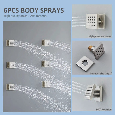 Image showing six body sprays from Brushed Nickel Shower System With 12 Inch LED Rain Head And Six Body Sprays Hand Shower Wall Mounted Thermostatic Brass Valve Premium Brass Build Temperature Responsive LED Color Change For Water Temperature.
