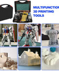 Must Have 158 Piece 3D Printing Tool Kit With Nozzle Cleaning Kit Deburring Tools Digital Caliper Mini Rotary Tool Smoothing Tools And Printer Finishing Accessories For Clean Precise Prints displayed with 3D printed models and toolbox.