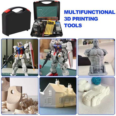 Must Have 158 Piece 3D Printing Tool Kit With Nozzle Cleaning Kit Deburring Tools Digital Caliper Mini Rotary Tool Smoothing Tools And Printer Finishing Accessories For Clean Precise Prints displayed with 3D printed models and toolbox.